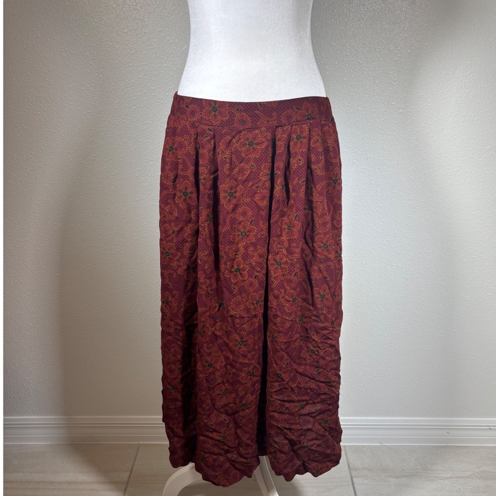 Boho Witchy Whimsigoth Sag Harbor Burgundy Floral Paisley Skirt Pockets Medium
